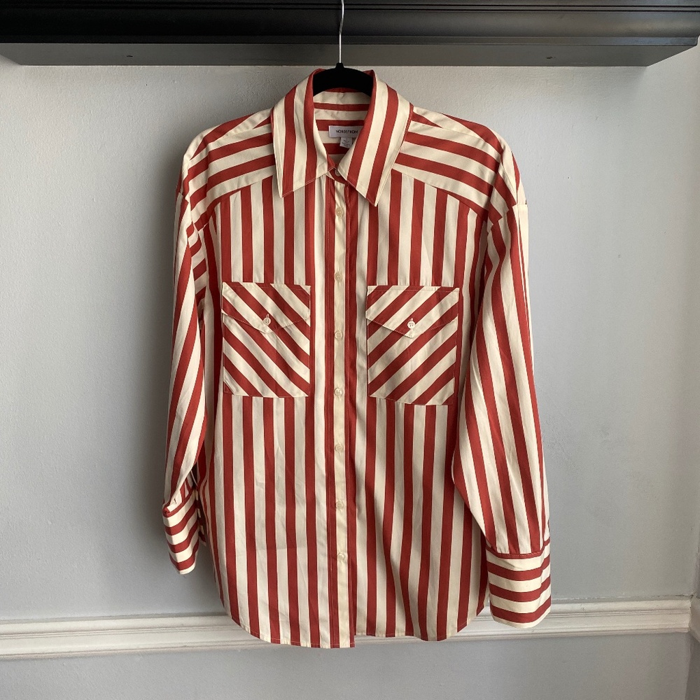 Nordstrom Striped Poplin Button-Up Shirt. Rust - Ivory Cabana Stripe. Small.